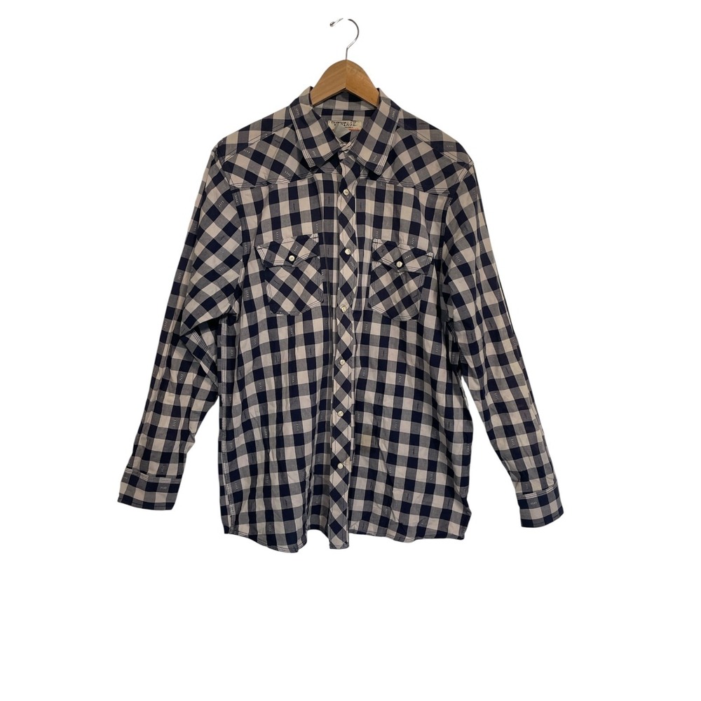 Route 66 Western Shirt Men XL Blue Cream‎ Pearl Snap Buffalo Plaid Long Sleeve